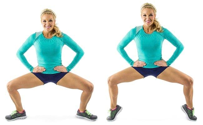 woman showing how to perform the basic Pliè Tip Toe Squat https://get-strong.fit/Tip-Toe-Squats/Exercises